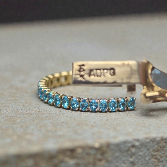 Vintage 14K Gold Blue Topaz Tennis Bracelet ADPC Signed 9.79g Solid Gold Estate - Picture 8 of 12